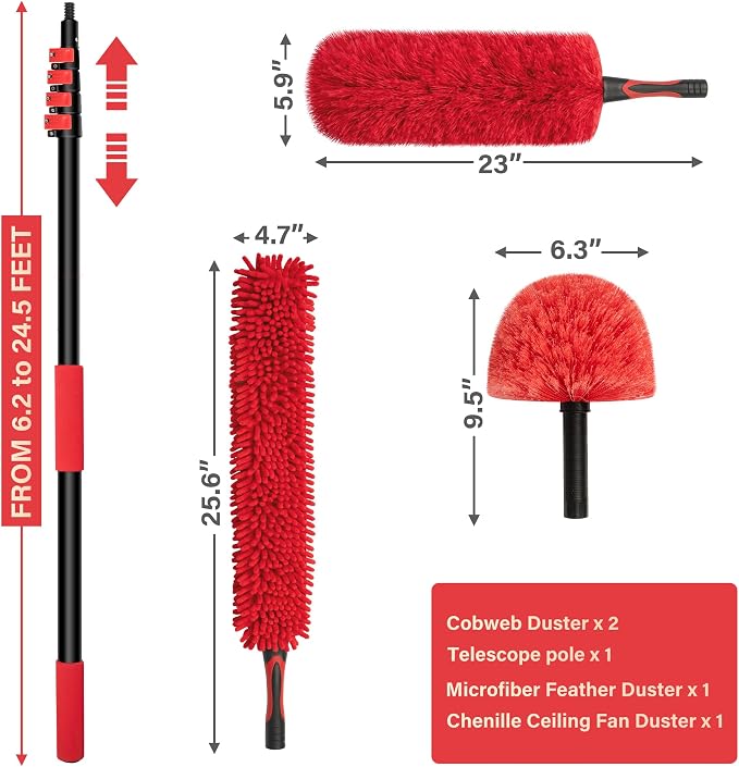 7-24 FT Extension Pole with 2 Outdoor Cobweb Brushes, 30 FT High Reach Ceiling - Image 6