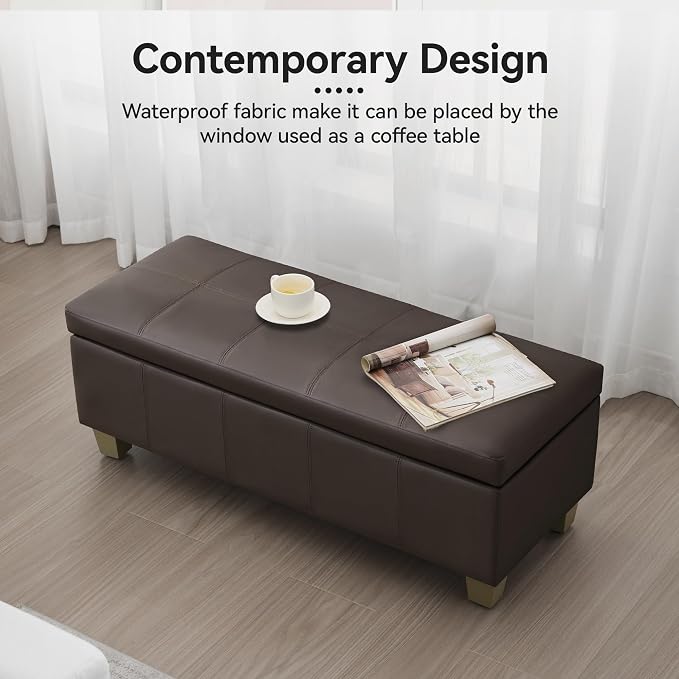 41" Faux Leather Storage Ottoman, Stitch Tufted Rectangle Upholstered End of - Image 7