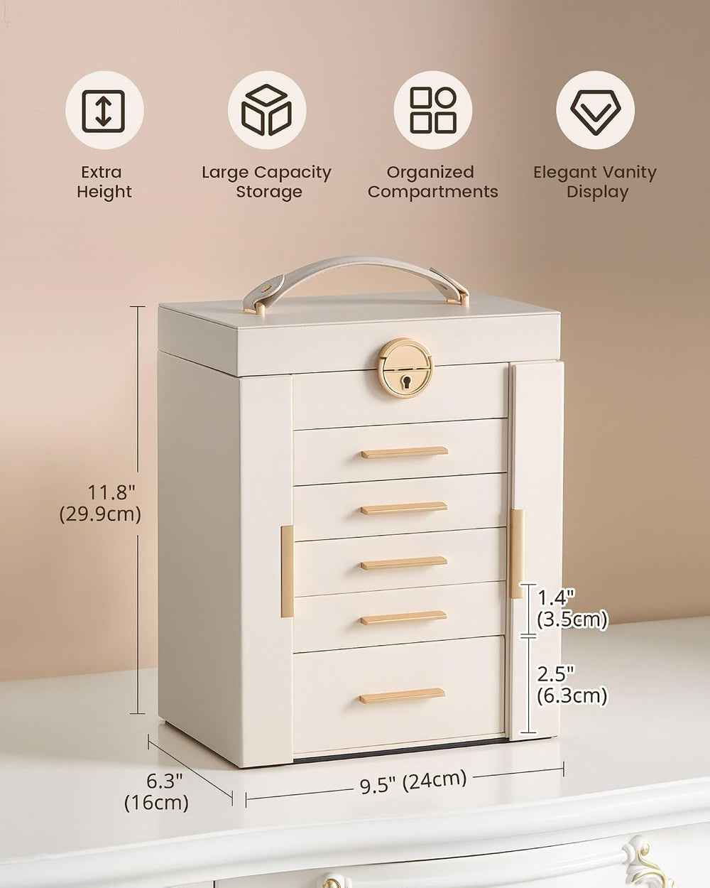Lolalet Large Jewelry Box, 6-Layer Jewelry Organizer with 5 Drawers -Beige