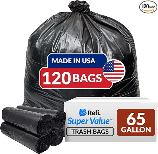 Reli. SuperValue 65 Gallon Trash Bags | 120 Count | Made in USA | Heavy Duty | by Reli
