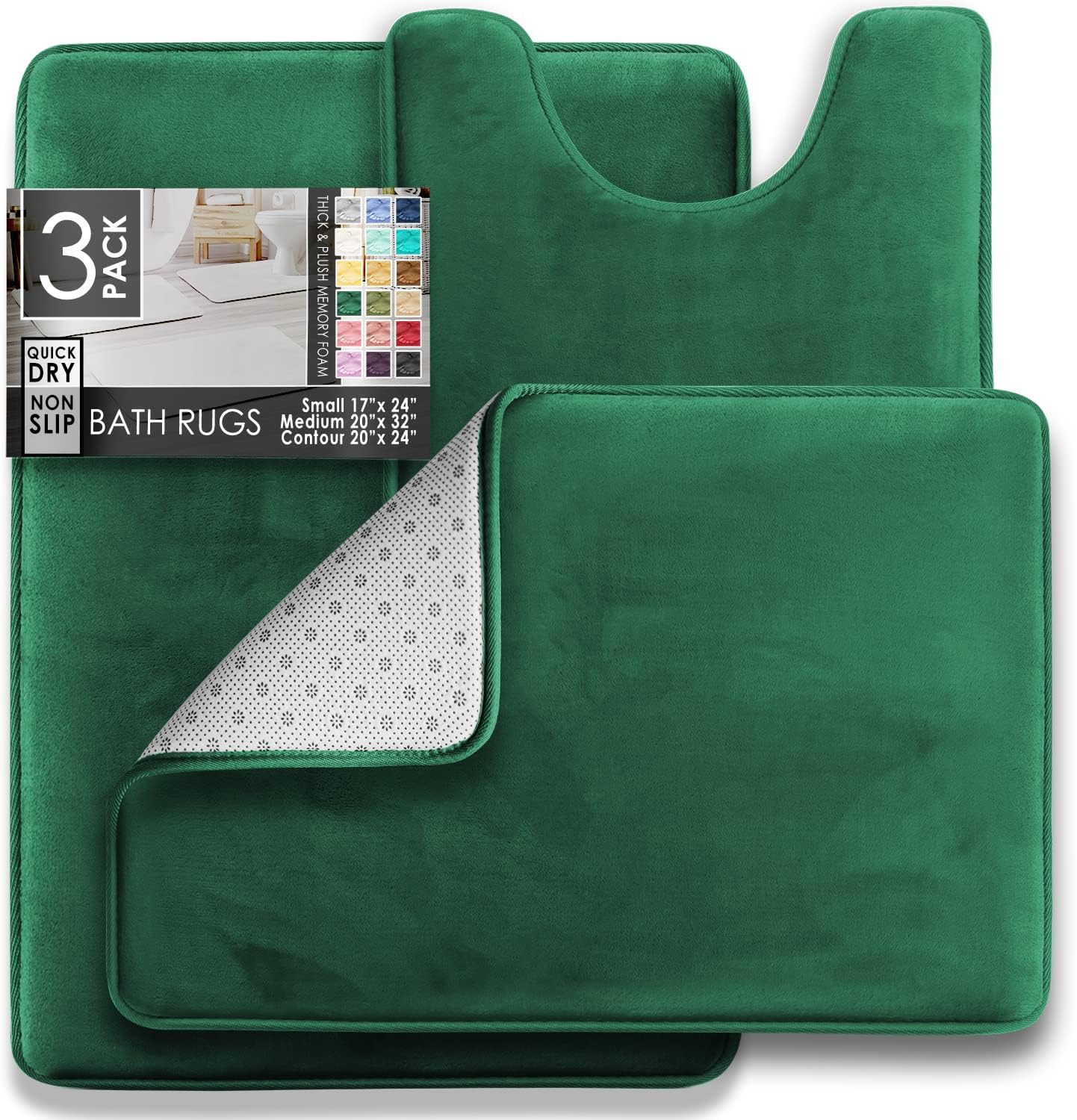 Clara Clark 3 Piece Bathroom Rugs Bath Mat Set, Velvet Memory Foam Bath Mats for Bathroom - Non-Slip, PVC Backing Bath Rugs, Washable - Dries Quickly, Green