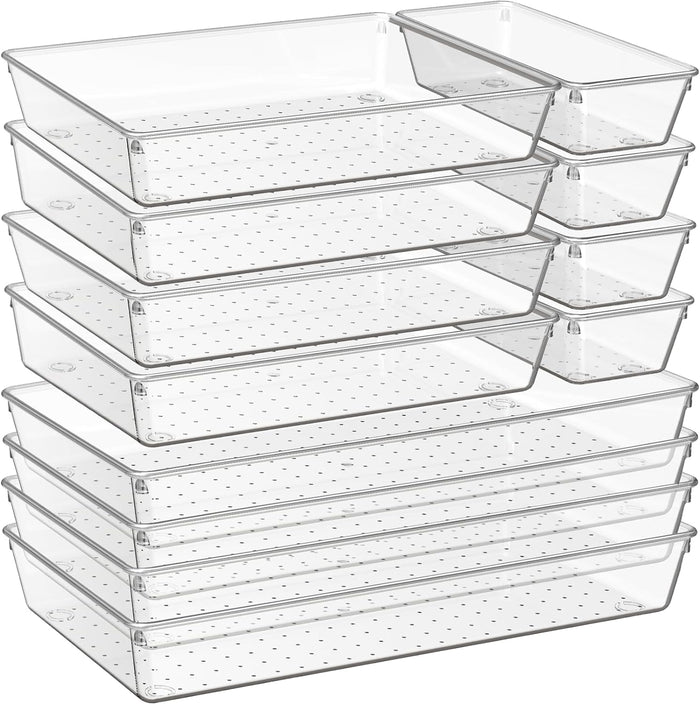 12 Pack Large Clear Plastic Drawer Organizer Trays | MULTI-USE Acrylic Drawer Storage for Kitchen, Bathroom, Makeup, Office, School, Undies | College Dorm Room, Home Apartment Essentials