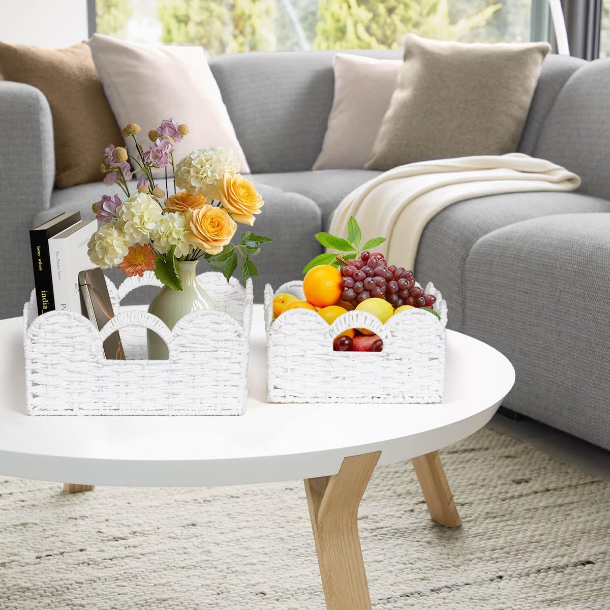 Graciadeco Scalloped Wicker Basket Natural Paper Rope Storage Baskets with Handles Handwoven Organizer Bin Wicker Storage Baskets for Home Decor, Organizing, 2 Pack (White)