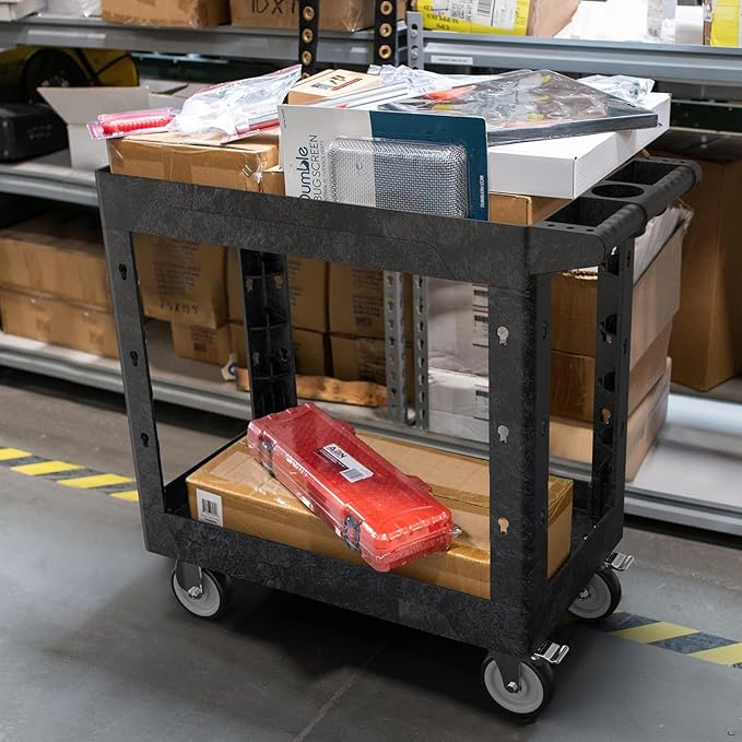 Large Garage Plastic Utility Cart, Heavy Duty 2 Shelf Tool Cart Service Cart - Image 2