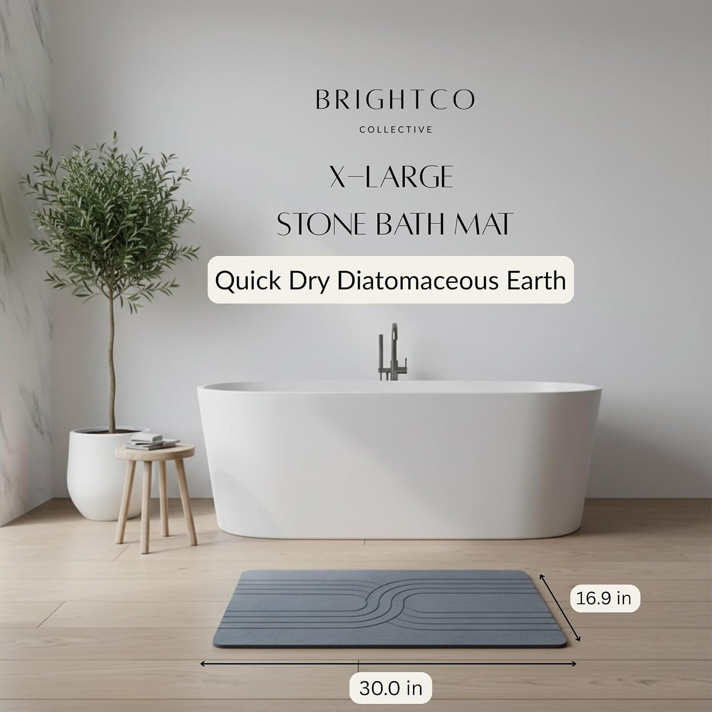 BrightCo XL Stone Bath Mat (30x17in) – Quick Dry Diatomaceous Earth Shower Rug, Super Absorbent Hard Foot Pad – Modern Anti-Slip Design for Bathroom Floor, Deep Charcoal (The Nexus, XL)