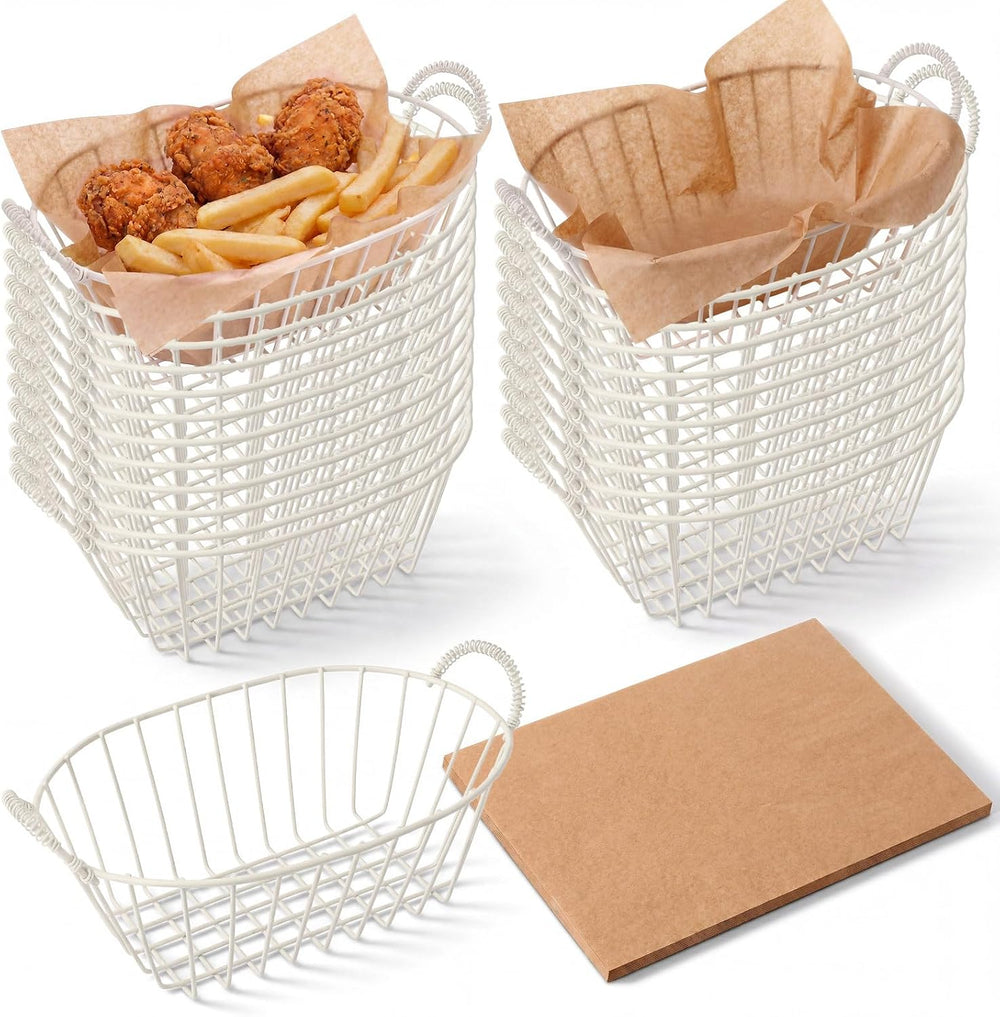 24 Pack White Metal Wire Fast Food Baskets with 100 Food Blotting Sheets