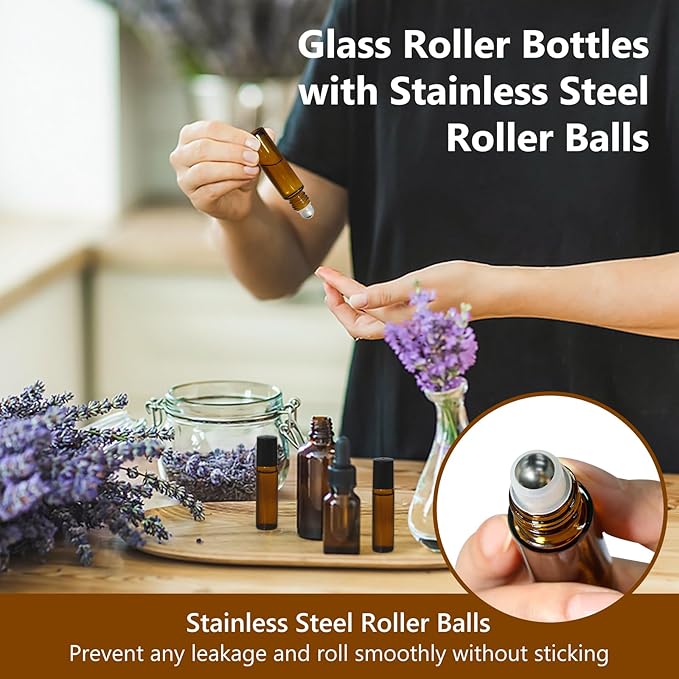 KEYWING 54 Pack Empty Essential Oil Roller Bottles – 10ml Amber Glass Roll-On - Image 5