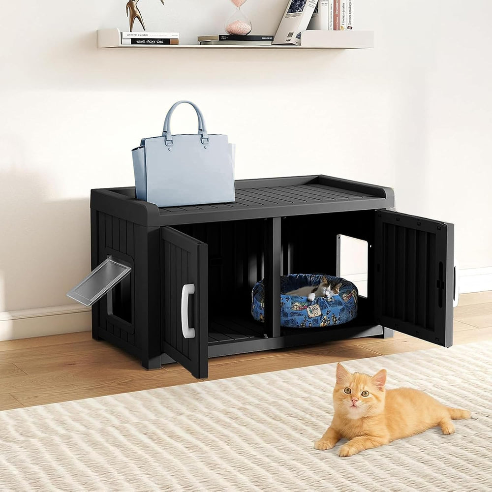 2 Doors Shoe Storage Bench with Cat Cabinet for Entryway, Hallway, Black