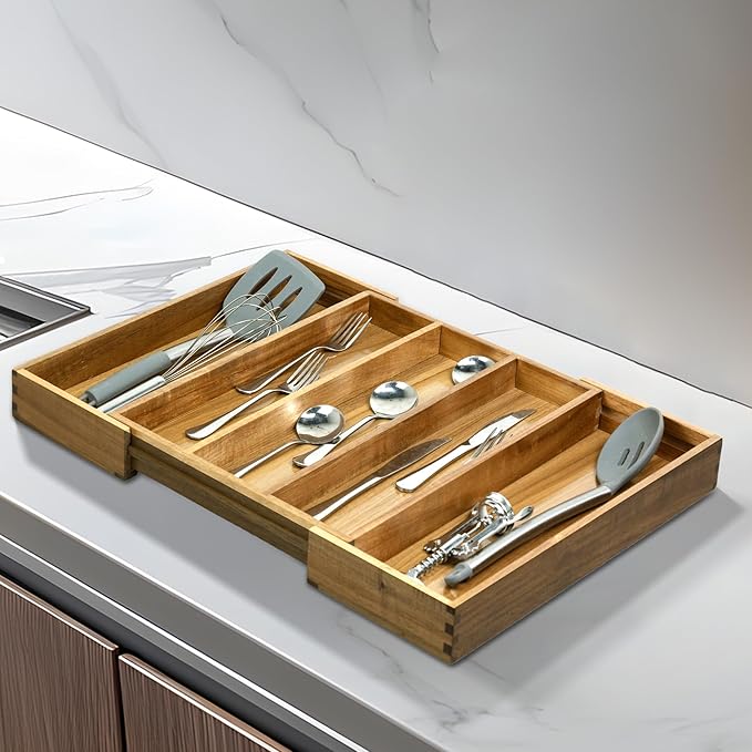VaeFae Acacia Kitchen Silverware Organizer, Cutlery Drawer Organizer - Image 5
