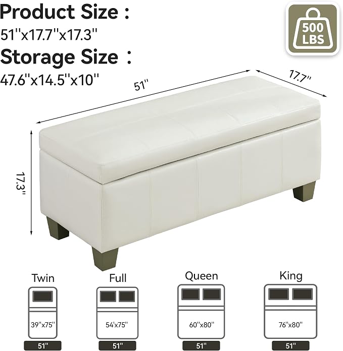 51" Faux Leather Storage Ottoman, Stitch Tufted Rectangle Upholstered End of - Image 2