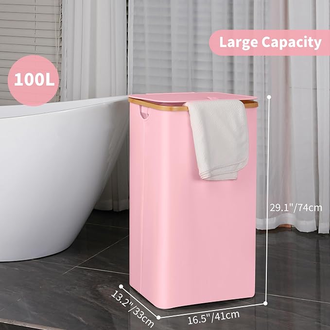 26 Gal Laundry Basket with Lid and Net Bag, Tall Laundry Hamper with Bamboo - Image 2