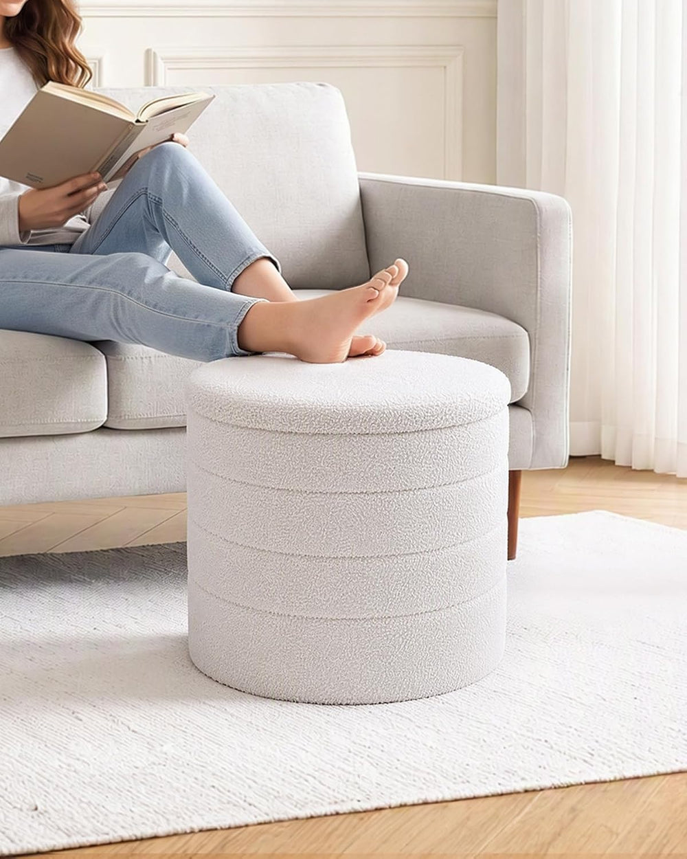 B FSOBEIIALEO Folding Storage Ottoman, Round Sherpa Ottomans, Cream White