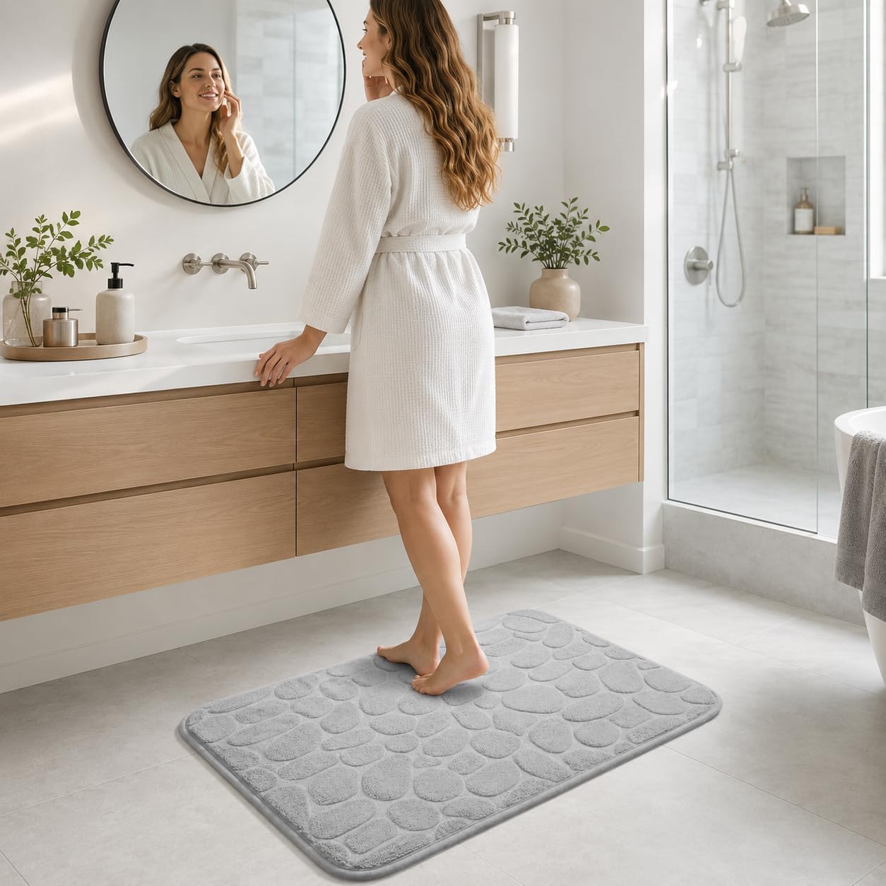 Non Slip Water Absorbent Bath Rug, 23.6" x 15.75" Soft and Comfortable Cobblestone Bathroom Rugs, Memory Foam Shower Bath Mat for Bathroom and Kitchen, Gray