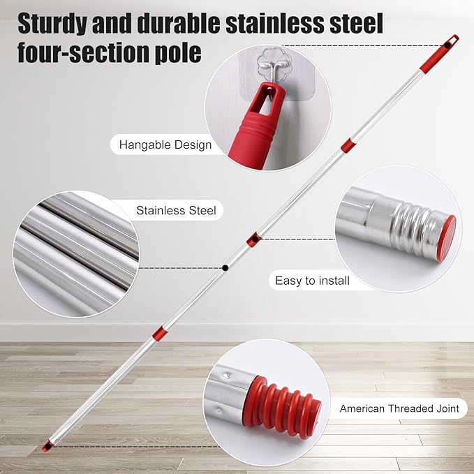 Spin Mop Replacement Handle, 2 Pack Mop Head&Base Scrub Brush 4-Section - Image 3