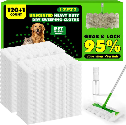 120Count Heavy Duty Dry Cloths Compatible with Swiffer Sweeper Mop, Multi-Surface Dry Sweeping Cloths for Floor Sweeping and Cleaning Pet Hair & Dust, Unscented Dry Pads Refills Pet Dry Sweeping Cloth