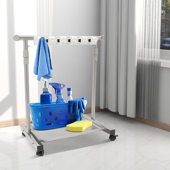 Broom Mop Holder, Movable Put Wet Mops Broom Floor Standing Cleaning Tool Rack - Image 9