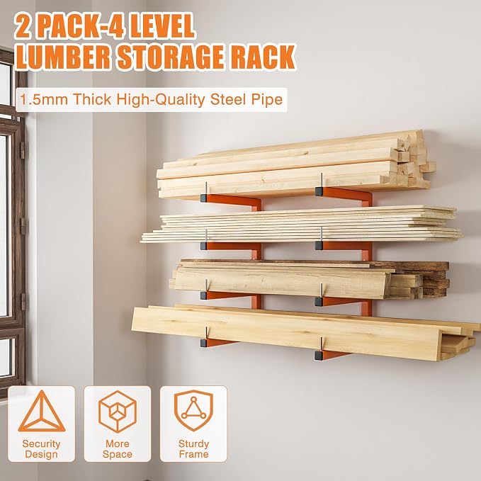 2-Pack Lumber Storage Rack, Wood Storage Racks Wall Mount, Heavy Duty Garage - Image 2