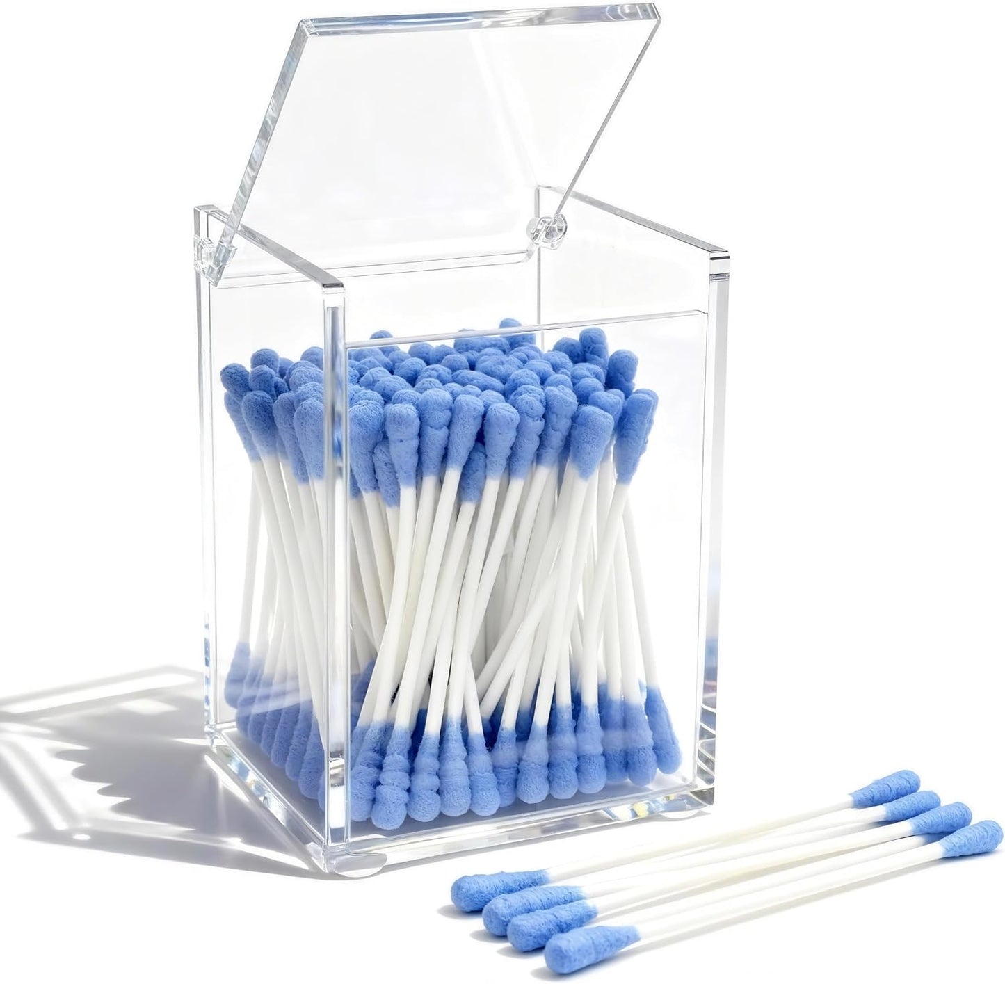 Clear Acrylic Qtip Holder with Lid, Cotton Balls Swab Organizer | 2.95" x 2.56" x 3.94" Dispenser for Makeup Pad, Floss Picks, Bath Salts, Cosmetic Storage Case, Home Bathroom Decor