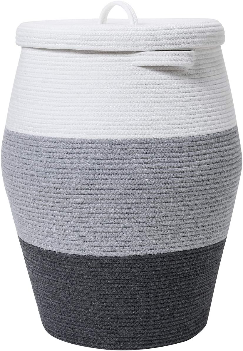 26"x20" Extra Large Tall Woven Laundry Basket with Lid, Cotton Rope...