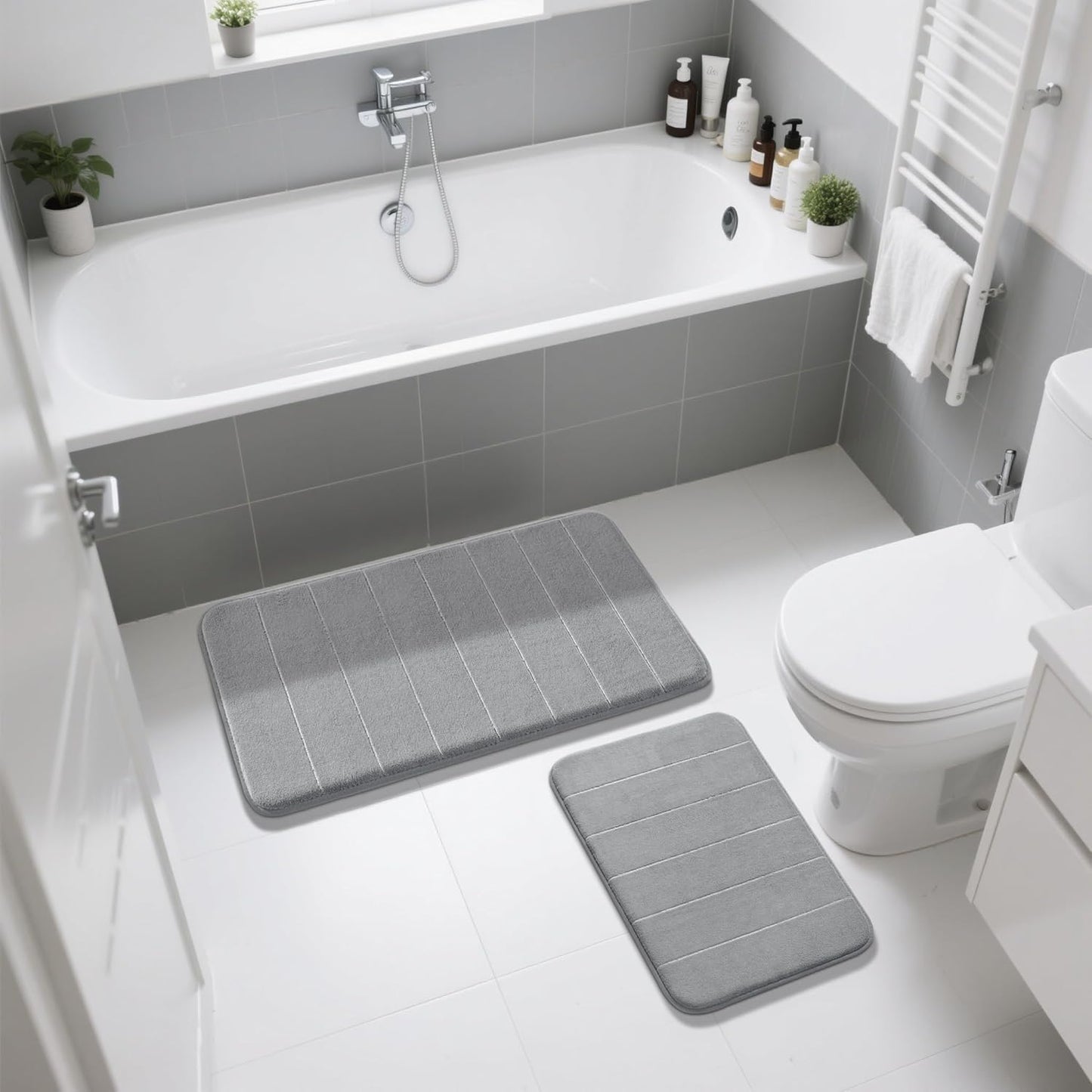 Yimobra Memory Foam Bathroom Rugs Sets 2 Piece - Super Soft Absorbent Quick Dry Bath Mat Set, Machine Washable Non Slip Floor Carpet for Tub Shower & Single Sink (17x24 & 31.5x20 Inch, Gray)