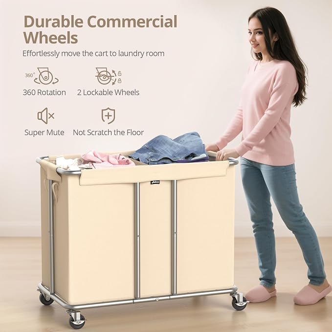 230L Rolling Laundry Hamper, 2-Section Laundry Basket - Image 6