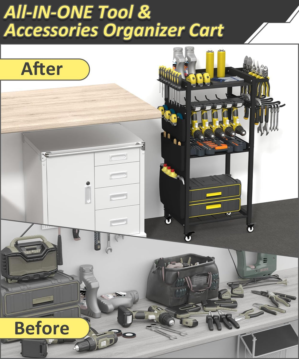 4-Tier Rolling Power Tool Organizer Storage Cart, Garage Organization on Whee...