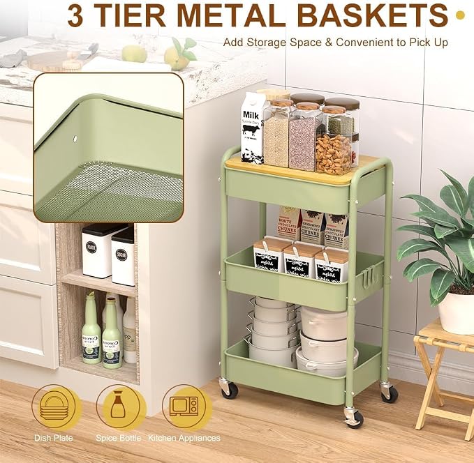 3 Tier Metal Utility Cart, Rolling Storage Cart - Image 5