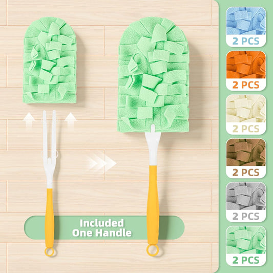 12 PCS Fleece Reusable Duster Refills Compatible with Swiffer Handle, Washable Heavy Duty Duster Pads for Fan, Window, Furniture, Car, 360 Cleaning Cloths Include 1 Handle, Morandi Colors