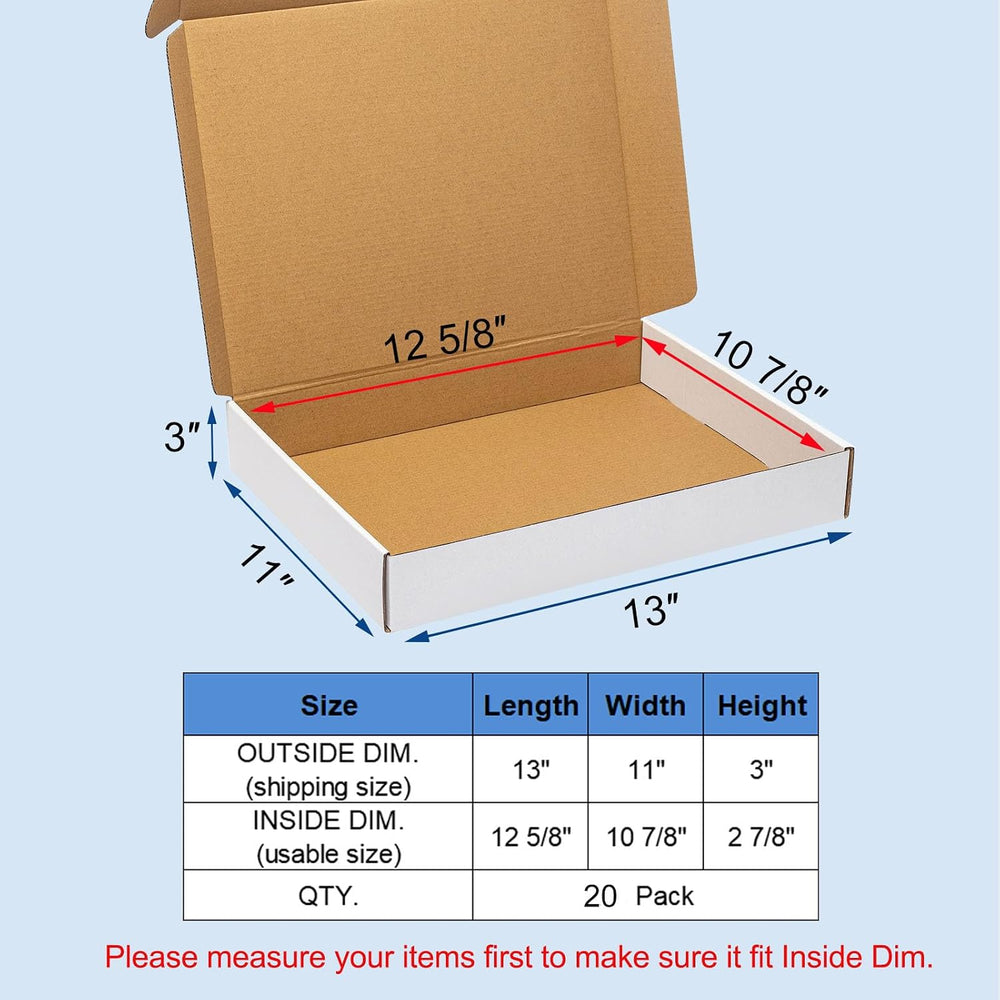 Wowxyz White Shipping Boxes 13x11x3" 20 Pack Corrugated Cardboard Box