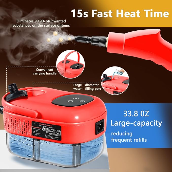 Handheld Steam Cleaner, 1000ml Water Tank, 15S Heat-up Time, Pressurized Steamer - Image 3