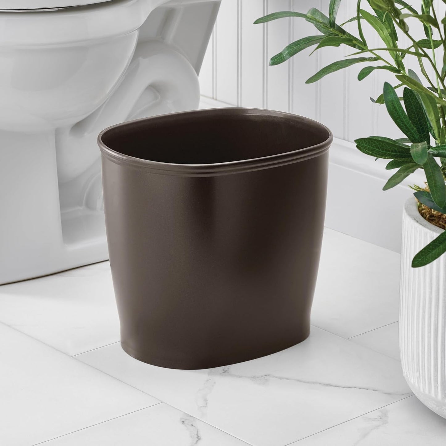 iDesign Slim Plastic Bathroom Trash Can, Small Garbage Bin for Bedroom, Office, Desk, Dorm, Bronze (Pack of 2)