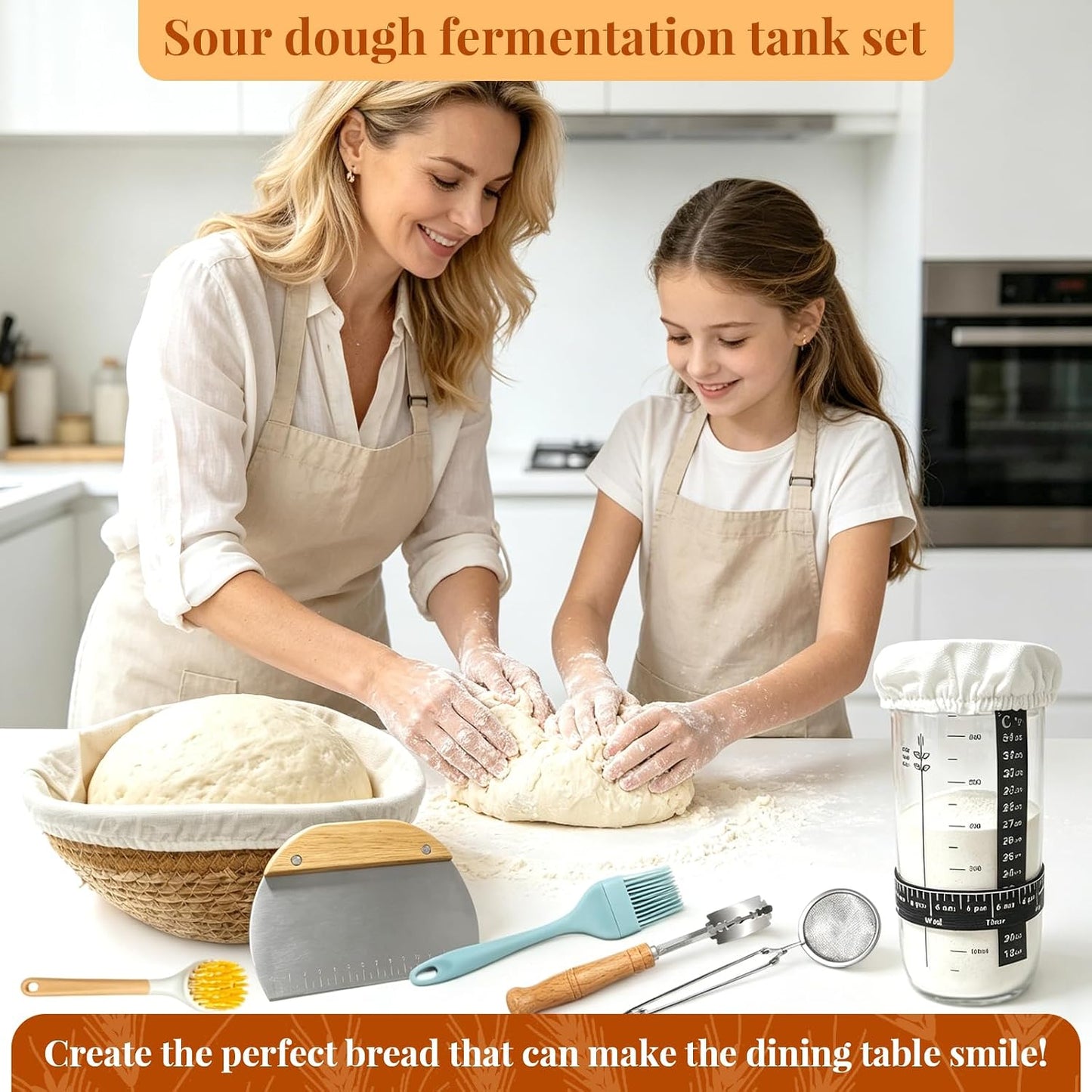 Sourdough Bread Baking Kit, Supplies with Round & Bread Proofing Basket, Starter Jar, Dough Whisk, Bread Lame, Dough Scraper, Storage Bag & Recipe Guide, Practical Baking for Home Baking Lovers
