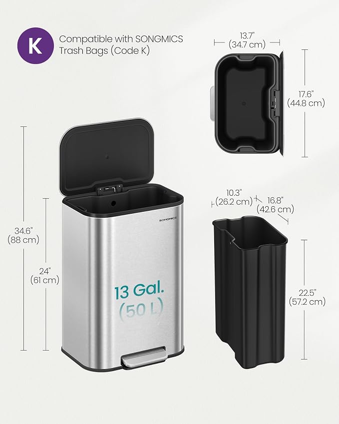 SONGMICS Kitchen Trash Can, 13-Gallon Garbage Can - Image 5