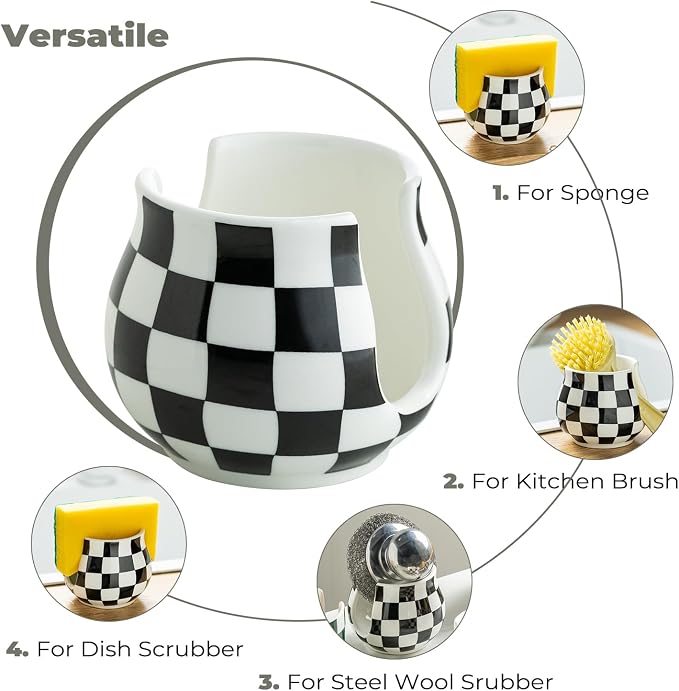 Checkered Sponge Holder for Kitchen Sink, Ceramic Dish Sponge Dish Rack Scrubby - Image 4