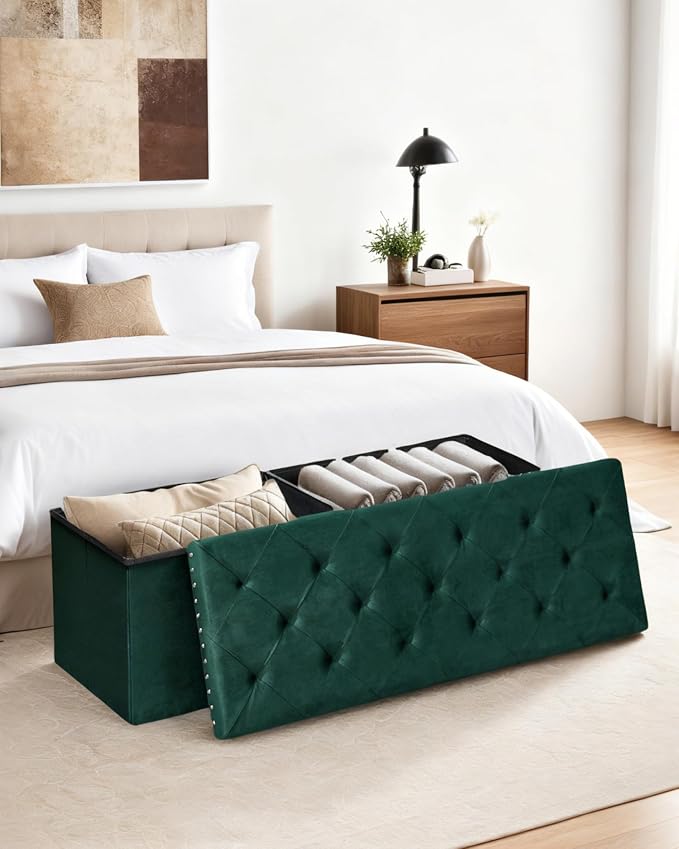Velvet Storage Ottoman Bench, 43.3" Folding Ottoman - Image 2