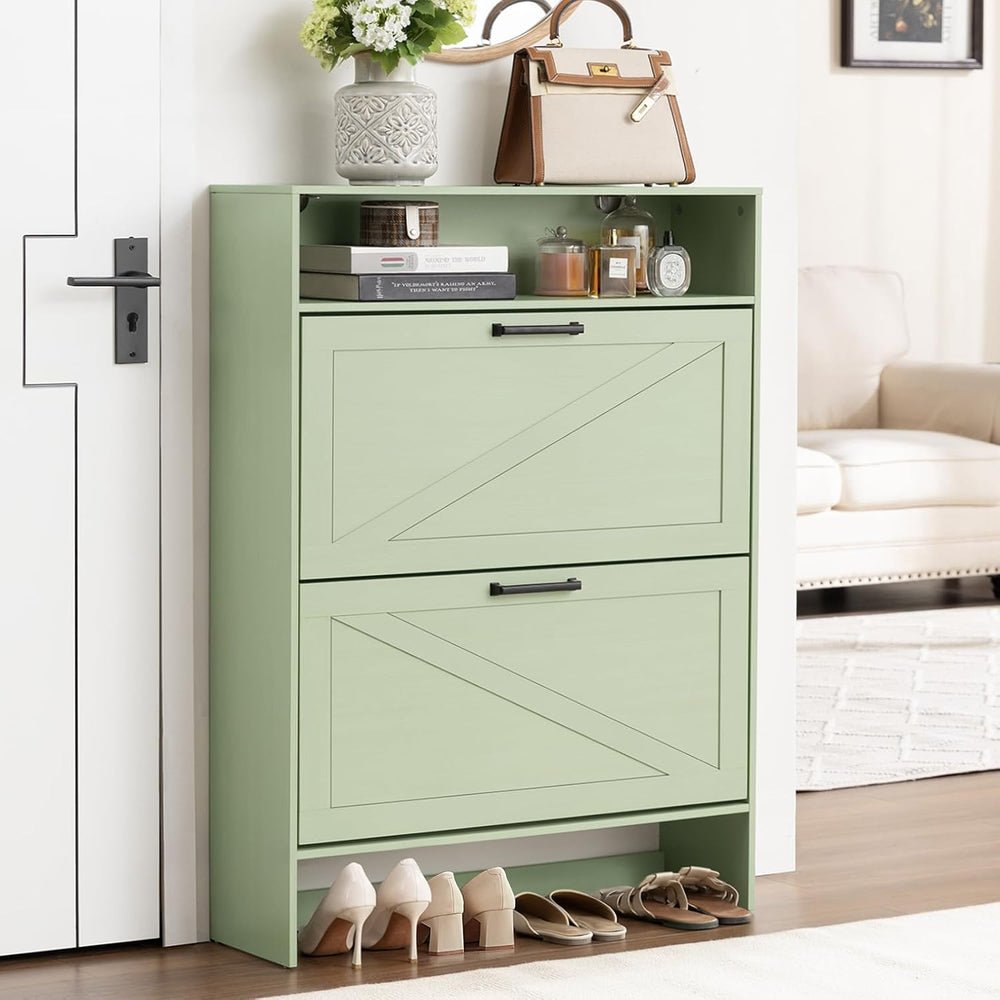 RWYHG Shoe Cabinet with 2 Flip Drawers, Narrow Entryway Organizer,Green