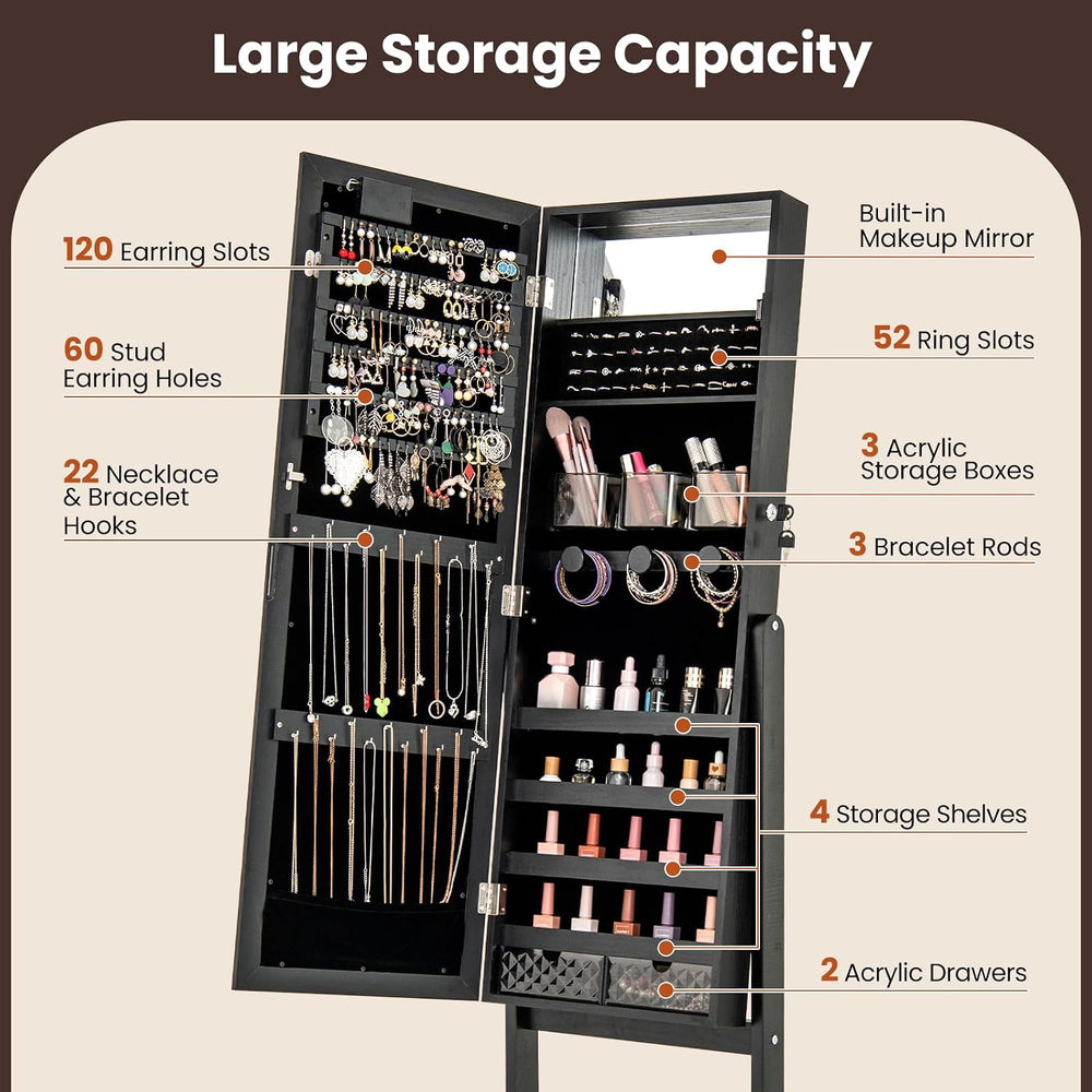 Giantex Standing Jewelry Armoire with Lighted Full Length Mirror, Lockable Je...