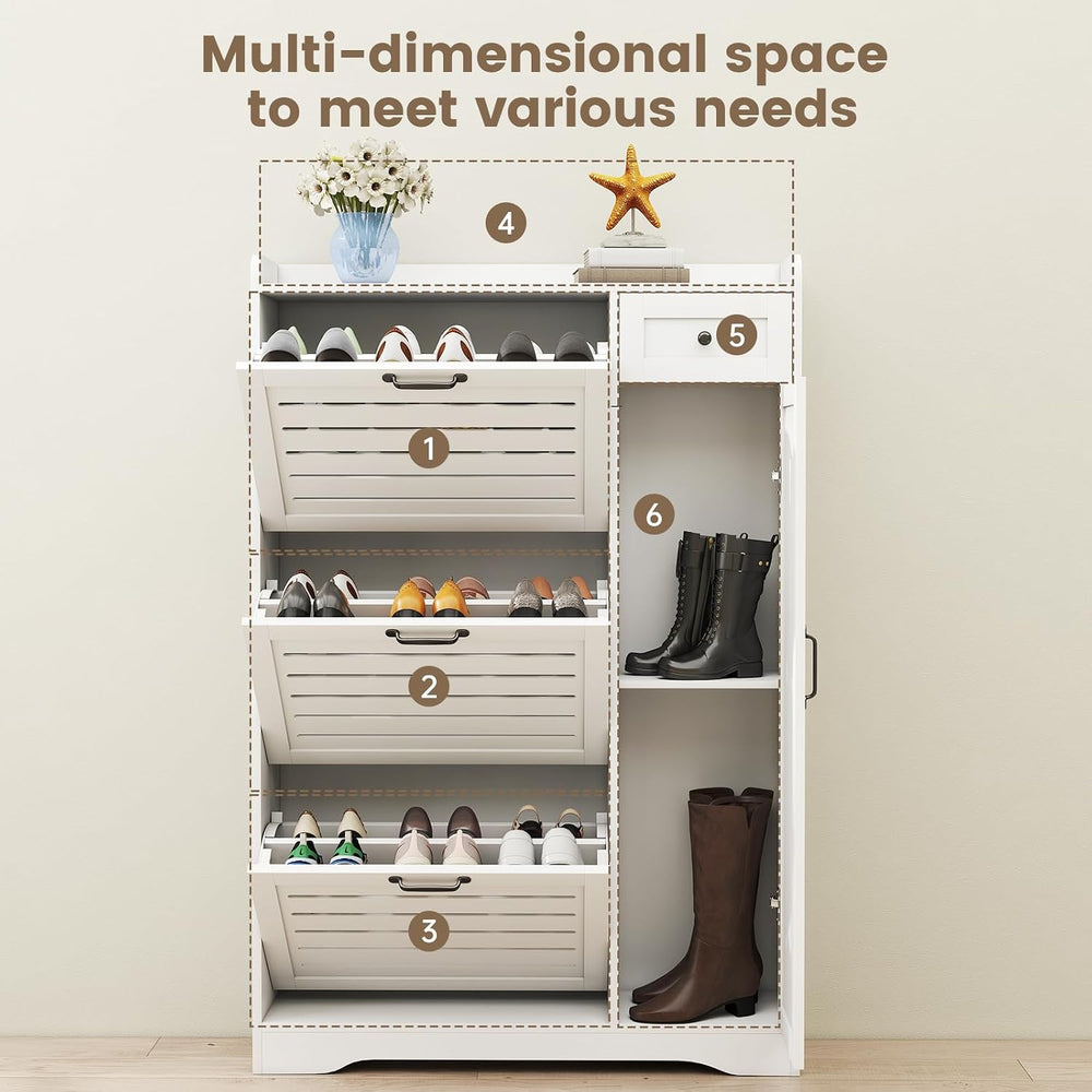 Shoe Storage Cabinet with 3 Flip Drawers, Freestanding Hidden Wooden Shoe Sto...