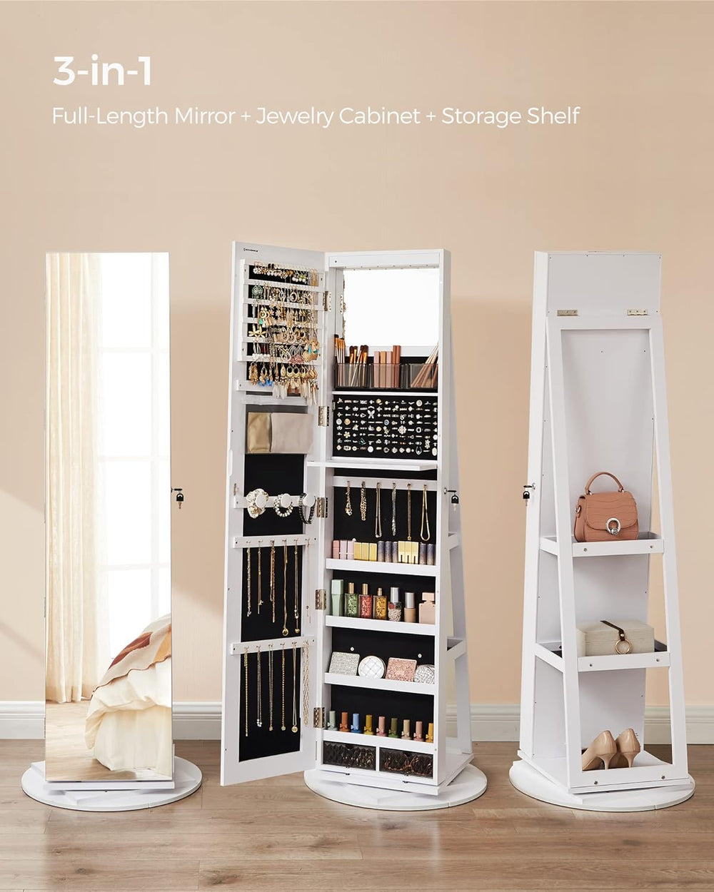SONGMICS 6 LEDs Mirror Jewelry Cabinet Organizer, 360° Swivel, Lockable