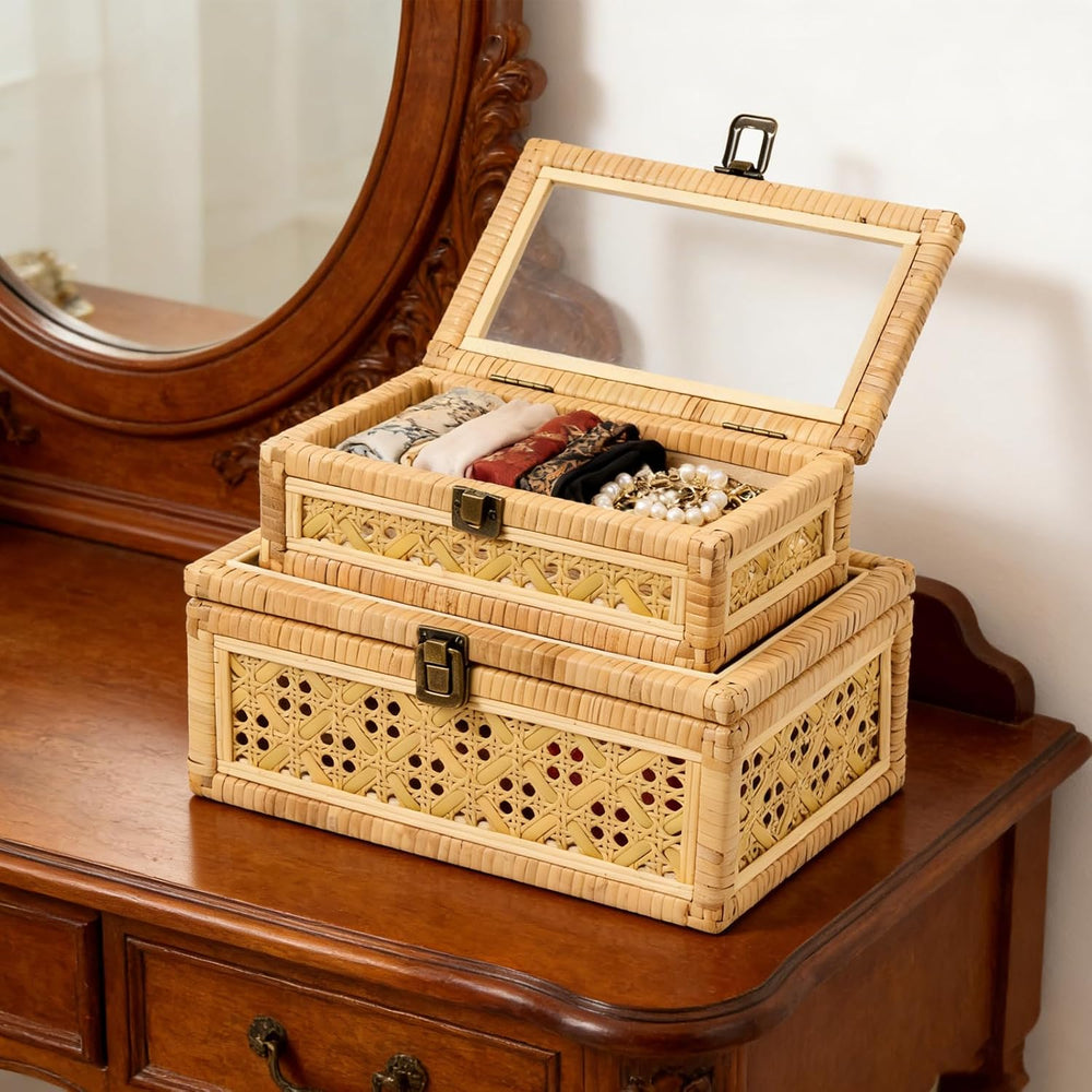 2PCS Decorative Rattan Boxes Handmade Natural Wicker Boho Baskets