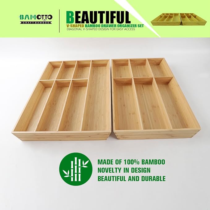 V-Shaped Extra Large Bamboo Drawer Organizer Set of 2, Kitchen Cutlery Tray