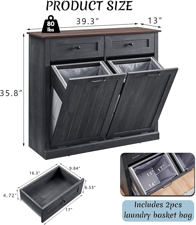 Double Tilt Out Laundry Hamper Cabinet, 20 Gallon Farmhouse Trash Can Cabinet - Image 2