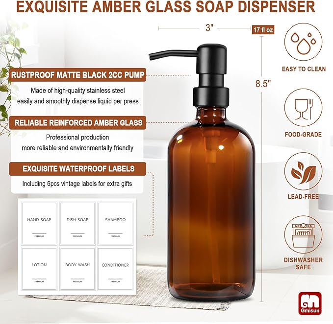 GMISUN Shampoo and Conditioner Dispenser, 3 Pack Amber Glass Bathroom Shampoo - Image 3