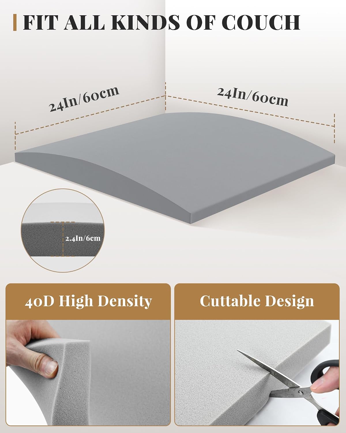 Upgraded Size Sofa Cushion Support, Couch Cushion Support for Sagging Couch Seat, Couch Replacement Insert, 24"x24"x2.4", High Density Foam Furniture Seat Sagging Repair, Trapezoid 40D, Grey Set of 2