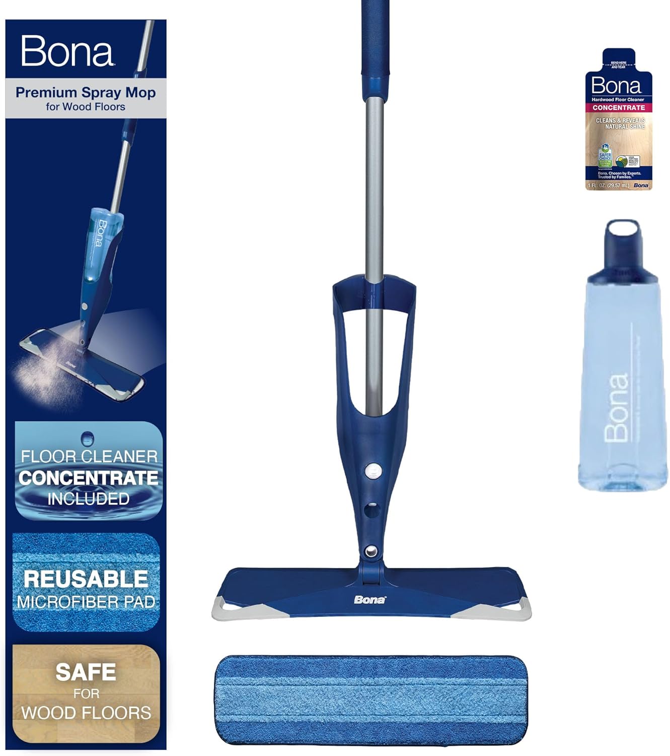 Bona Hardwood Floor Premium Spray Mop - Includes Wood Floor Cleaning Concentrate and Machine Washable Microfiber Cleaning Pad - Dual Zone Cleaning Design for Faster Cleanup