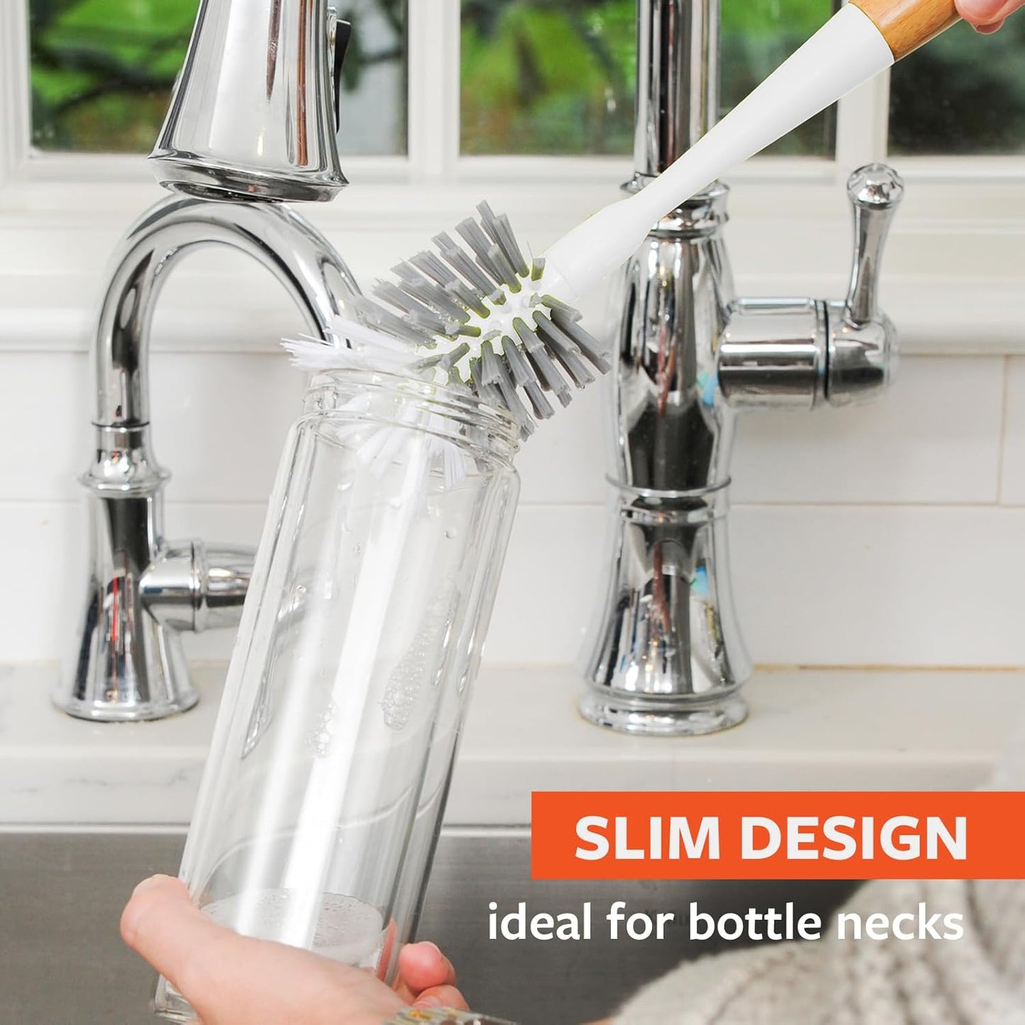 Full Circle Upstanding Bottle Brush - Made from Bamboo with Long Handle, Replaceable Head - Deep Cleans Water Bottles, Tumblers & Baby Bottles - BPA & Formaldehyde Free - White