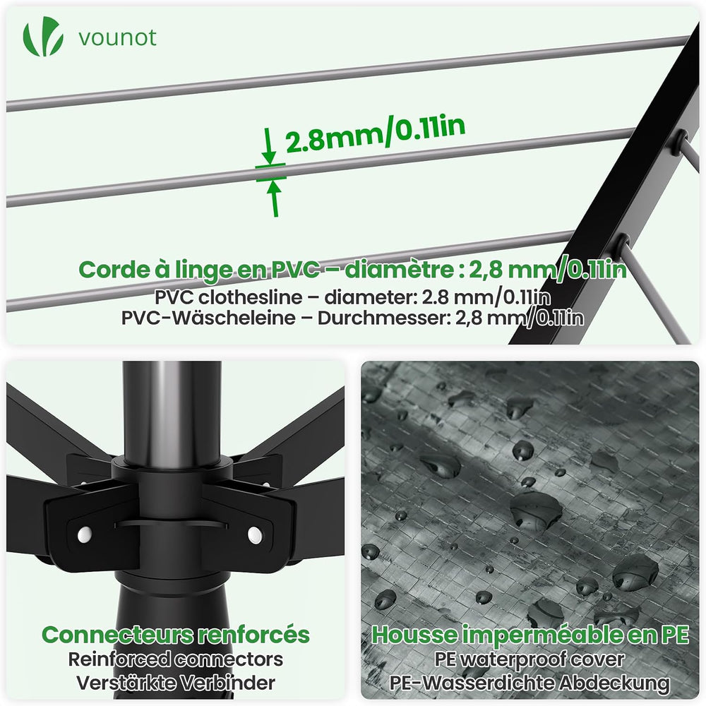 VOUNOT® 50m 4 Arm Rotary Washing Line with Cover & Metal Ground Spike, He...