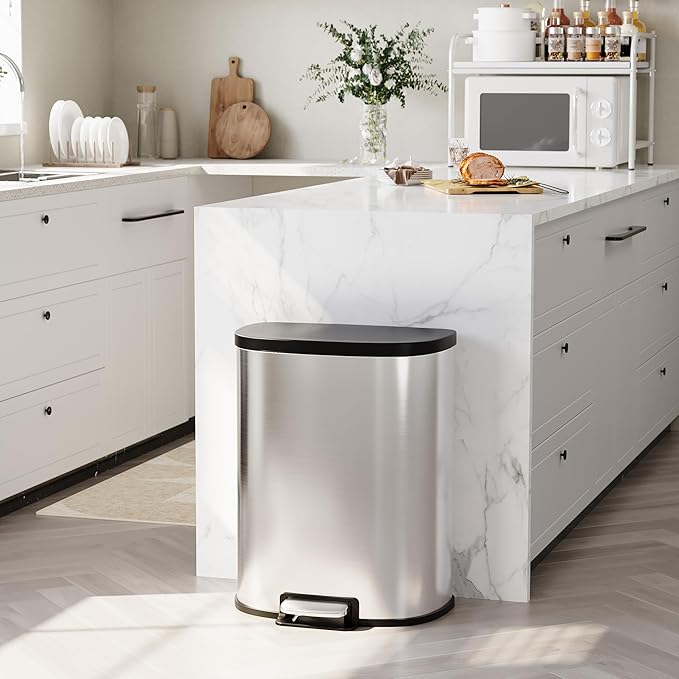 13.2 Gal/50L D-Shape Trash Can, Step-On Stainless Steel Garbage Can, Soft-Close - Image 9
