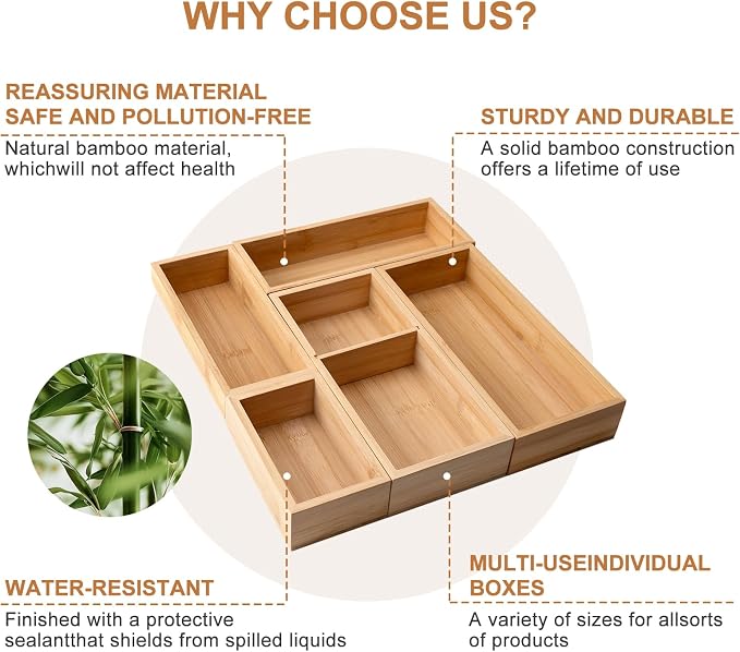 Bamboo Drawer Organizer 5 Pcs for Kitchen Multi-purpose Storage Dividers for - Image 5