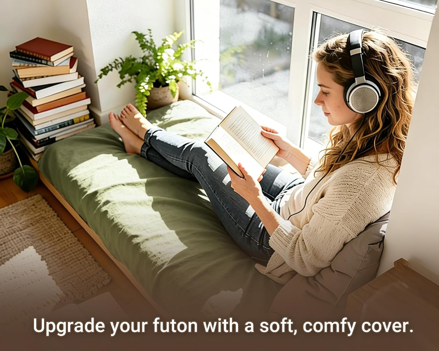 100% Cotton Futon Mattress Cover, Washable Japanese Floor Bed Protector with Zipper, Dust‑Proof Replacement Slipcover for Tatami Mat, Fits Up to 4-Inch Thick Mattresses, Full/Queen